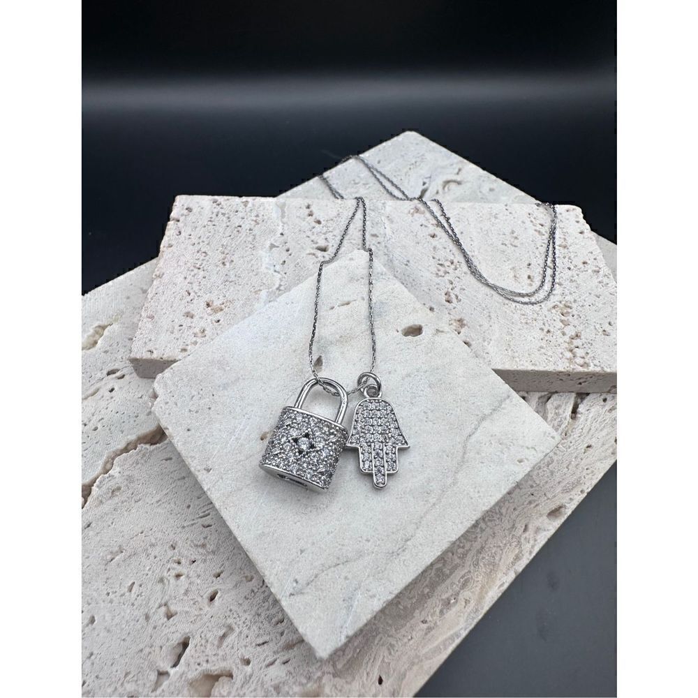 Custom Made - Silver Diamond Lock and Hamsa Charm Necklace , 20’ Chain